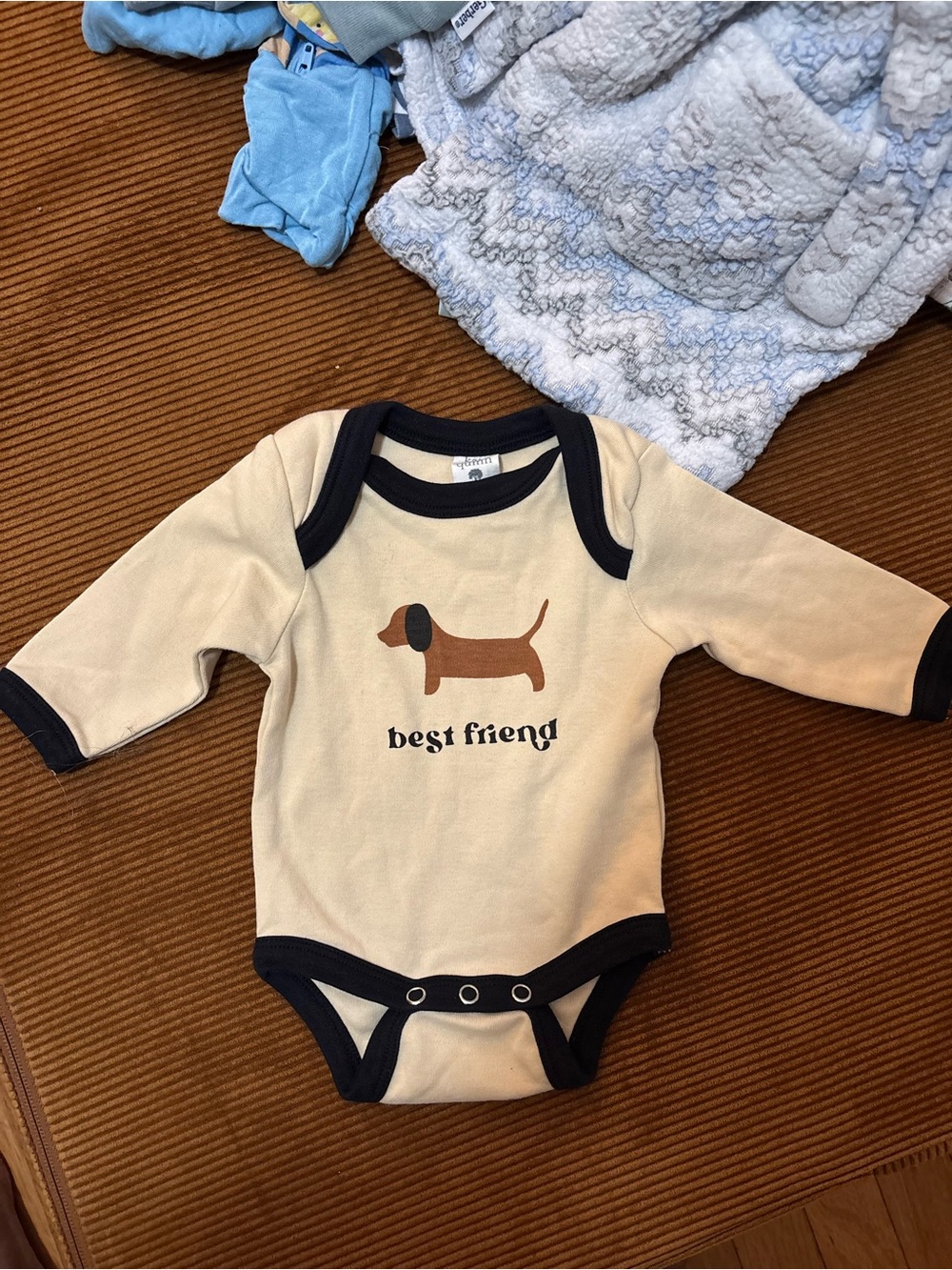 kate quinn Beige Best Friend Onesie ith Black Trim & Brown Dachshund Graphic